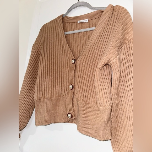 Tan Pearl Button Rib-Knit Cardigan - Picture 3 of 10